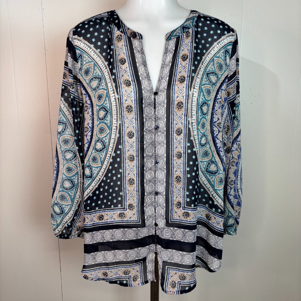 Lucky Brand Top Medium Blue Boho Sheer Button-Front Blouse 3/4 Sleeve Women's